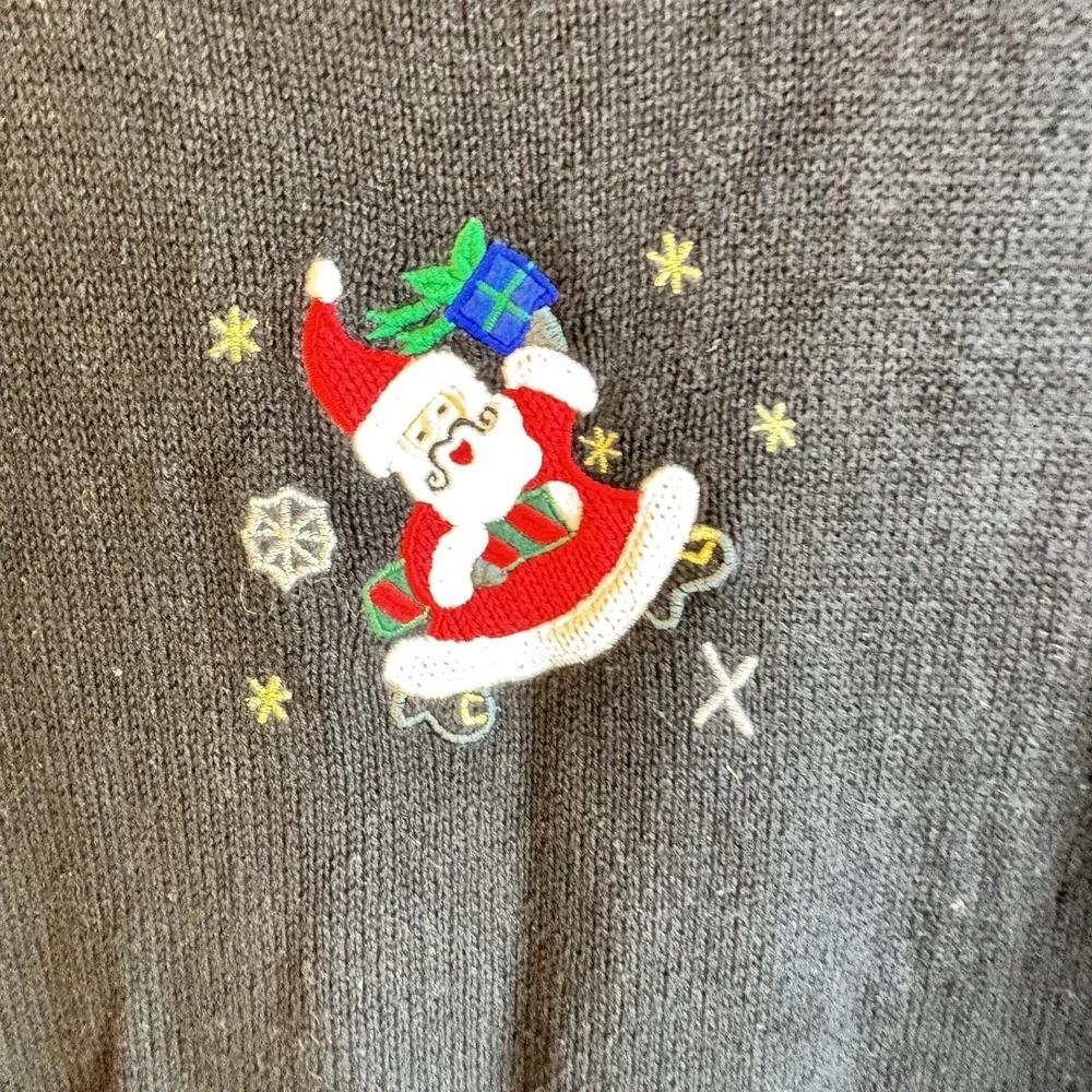 Vintage Christmas Sweater Vest Black M 3D Santas Beaded Embroidered Kitsch